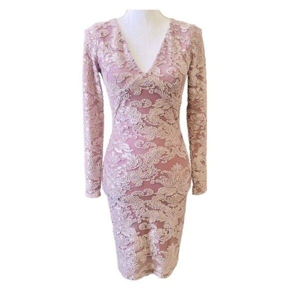 Leith Mauve Crushed Velvet Floral Long Sleeve Bodycon Dress Small - Picture 1 of 9